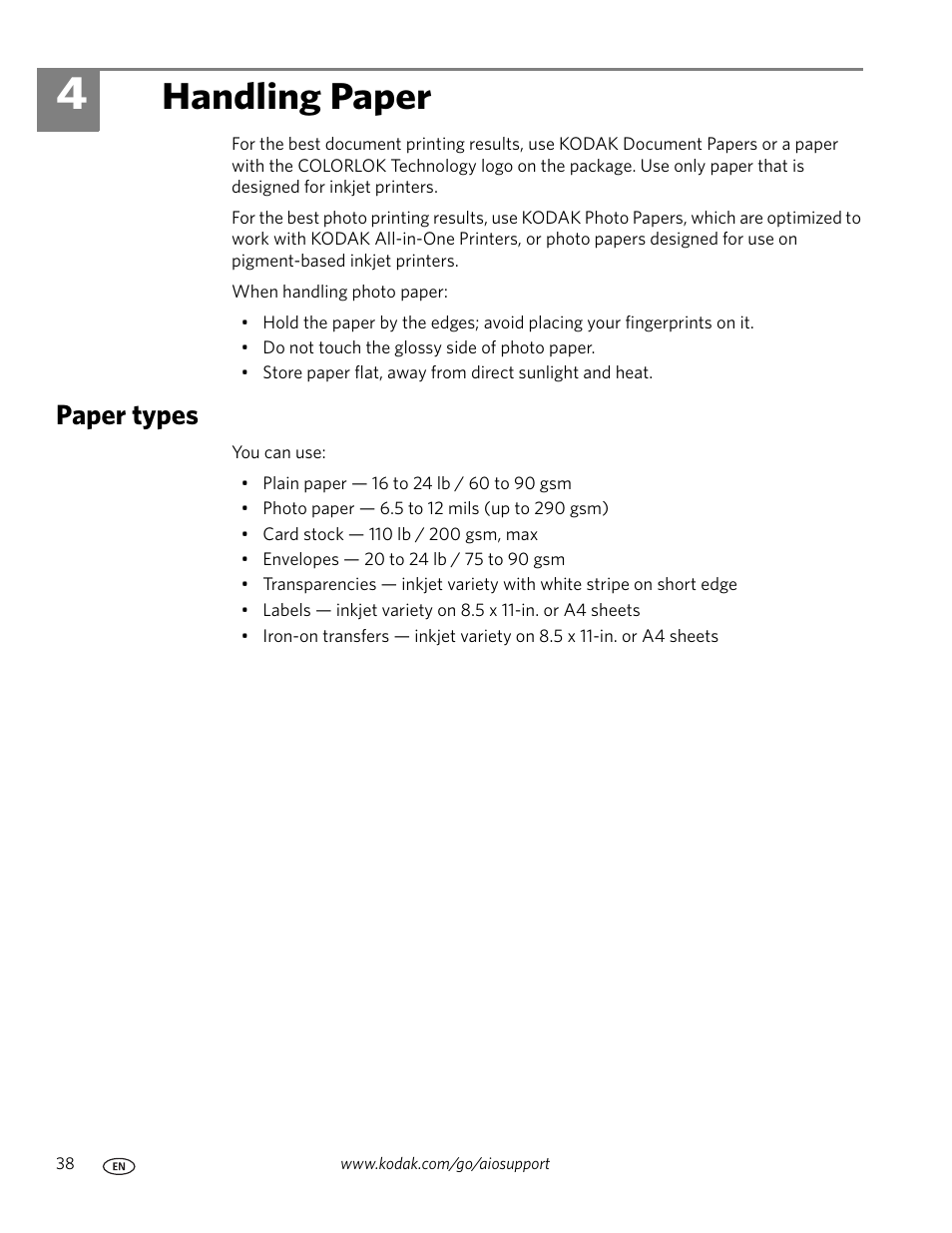 Handling paper, Paper types, 4 handling paper | Kodak OFFICE HERO 6.1 User Manual | Page 44 / 144