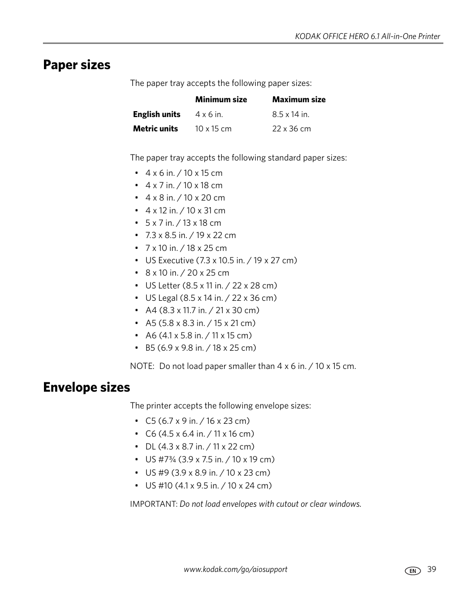 Paper sizes, Envelope sizes, Paper sizes envelope sizes | Kodak OFFICE HERO 6.1 User Manual | Page 45 / 144