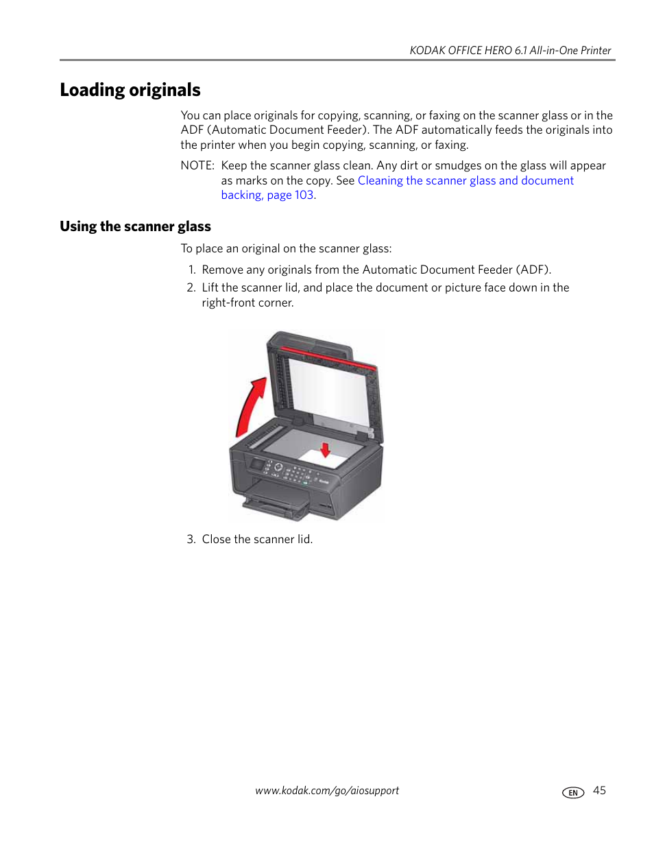 Loading originals, Using the scanner glass | Kodak OFFICE HERO 6.1 User Manual | Page 51 / 144