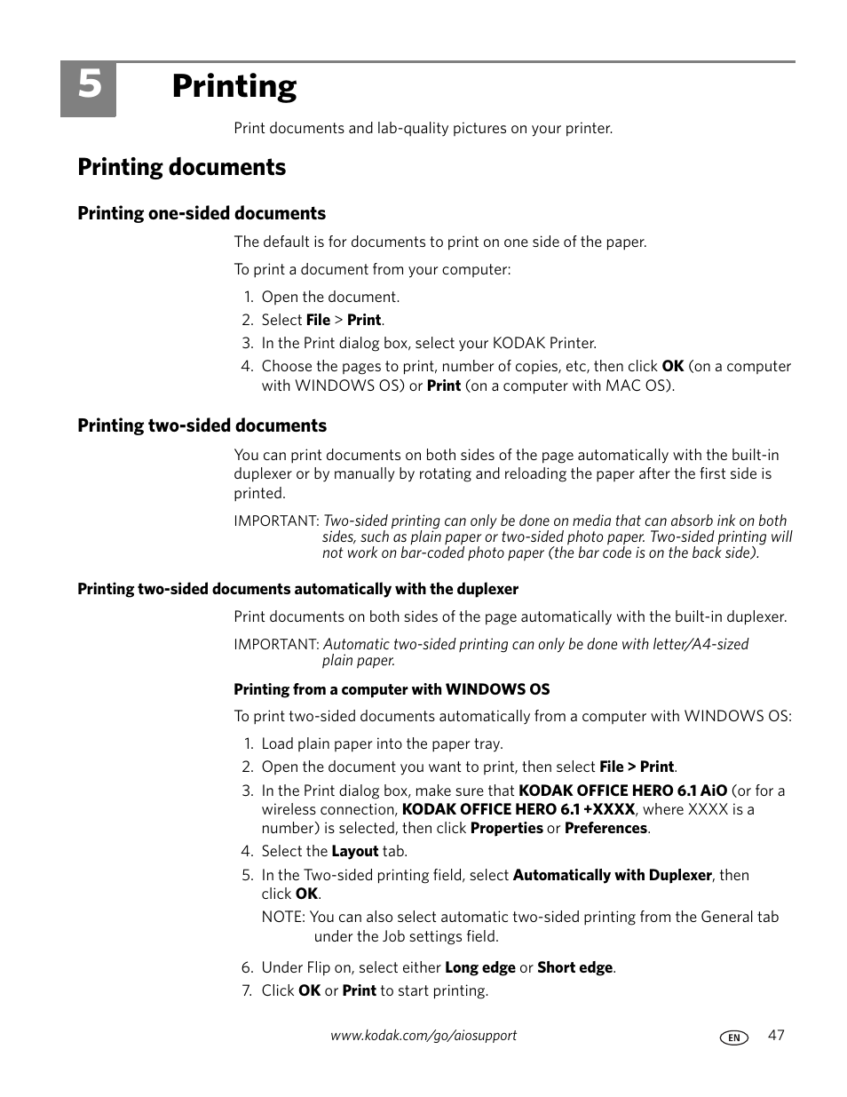 Printing, Printing documents, Printing one-sided documents | Printing two-sided documents, 5 printing | Kodak OFFICE HERO 6.1 User Manual | Page 53 / 144