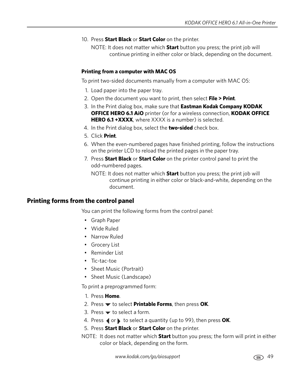 Printing forms from the control panel | Kodak OFFICE HERO 6.1 User Manual | Page 55 / 144