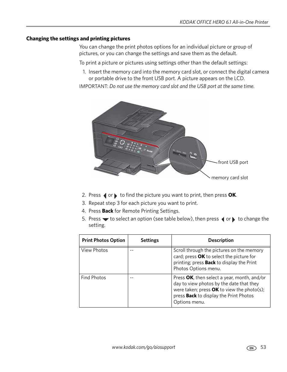 Changing the settings and printing pictures, Om of the table under | Kodak OFFICE HERO 6.1 User Manual | Page 59 / 144