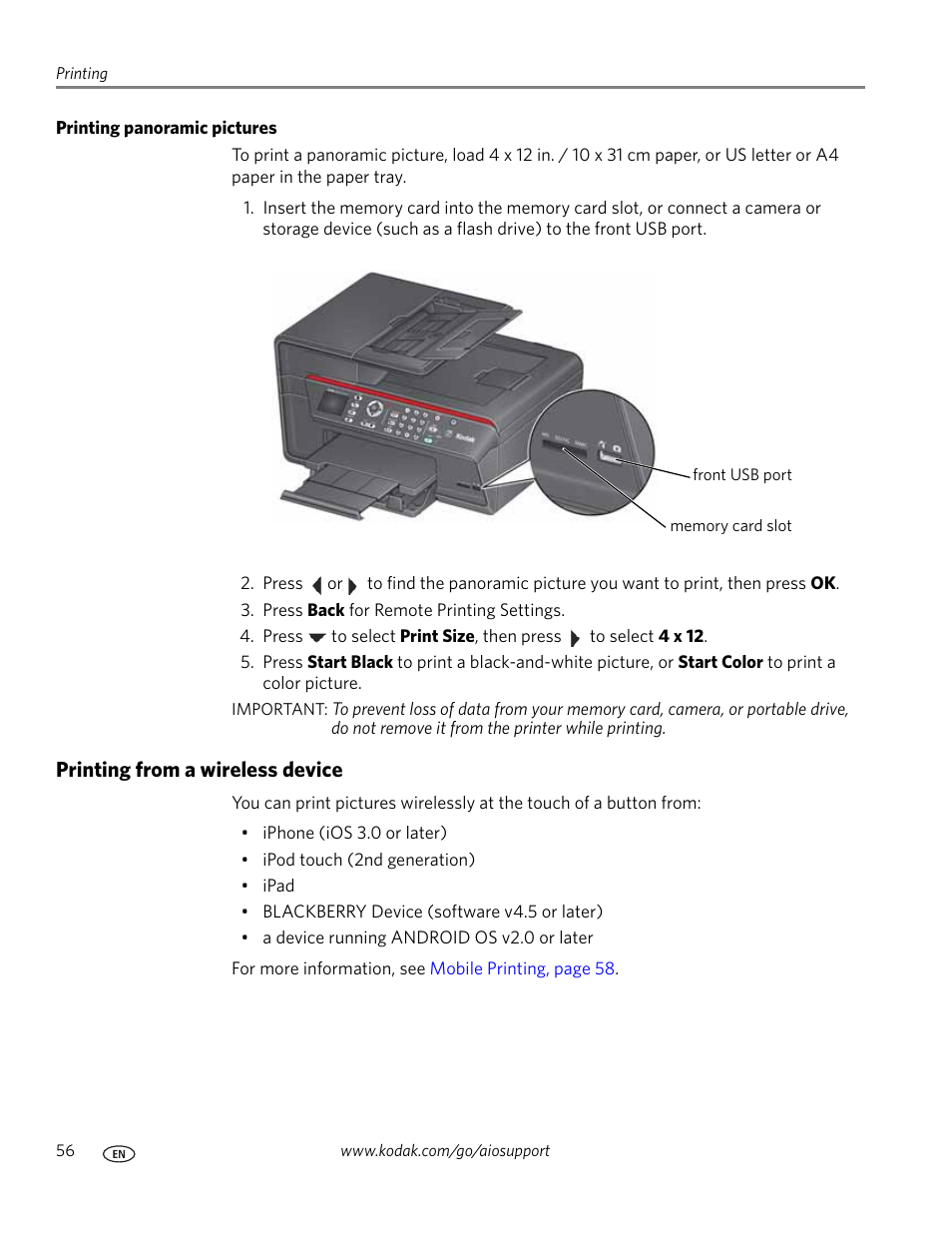 Printing panoramic pictures, Printing from a wireless device | Kodak OFFICE HERO 6.1 User Manual | Page 62 / 144