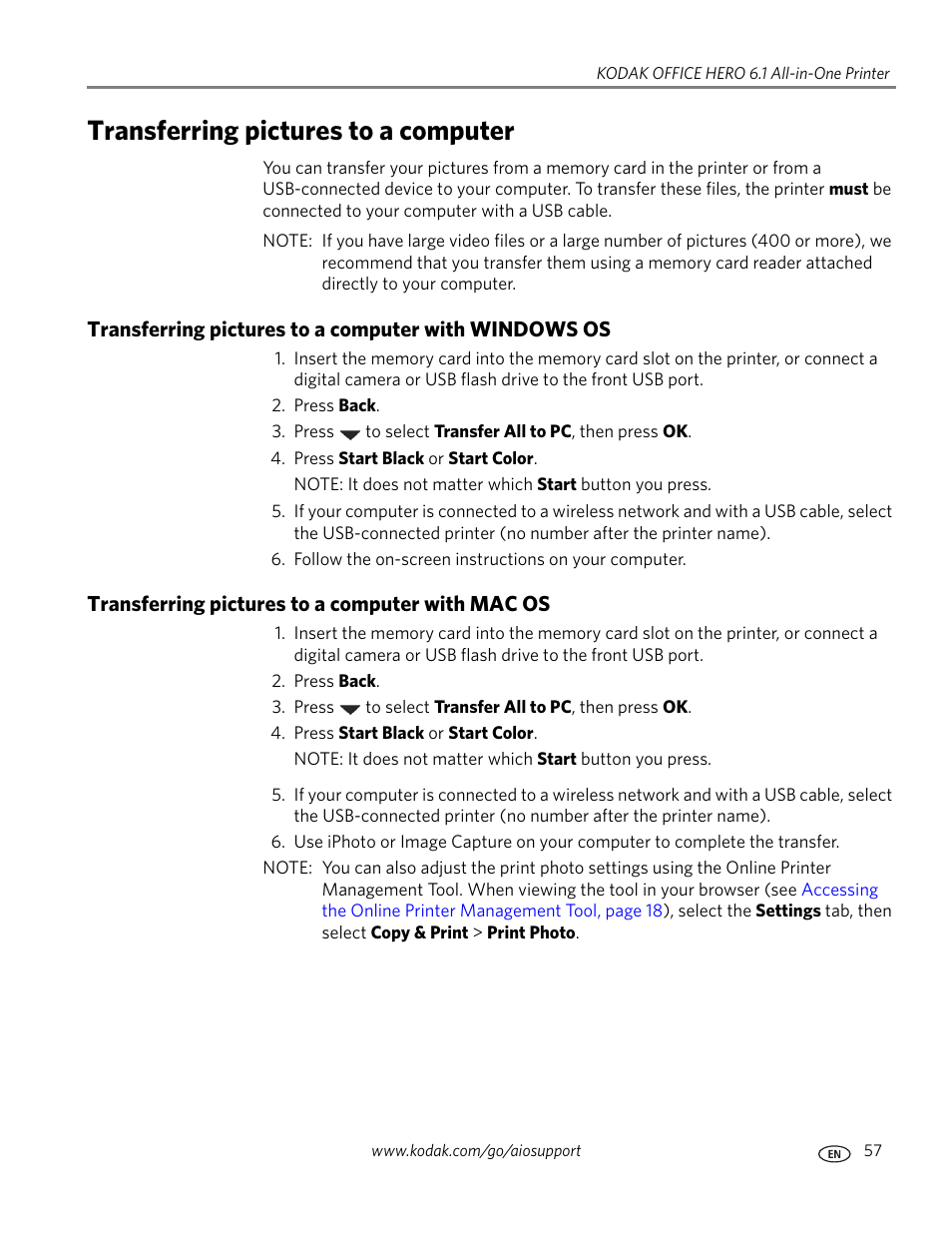 Transferring pictures to a computer, Transferring pictures to a computer with mac os | Kodak OFFICE HERO 6.1 User Manual | Page 63 / 144