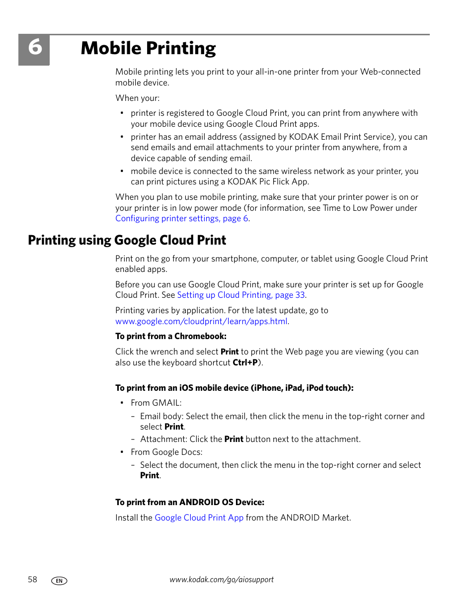 Mobile printing, Printing using google cloud print, 6 mobile printing | Ion about printing, see | Kodak OFFICE HERO 6.1 User Manual | Page 64 / 144