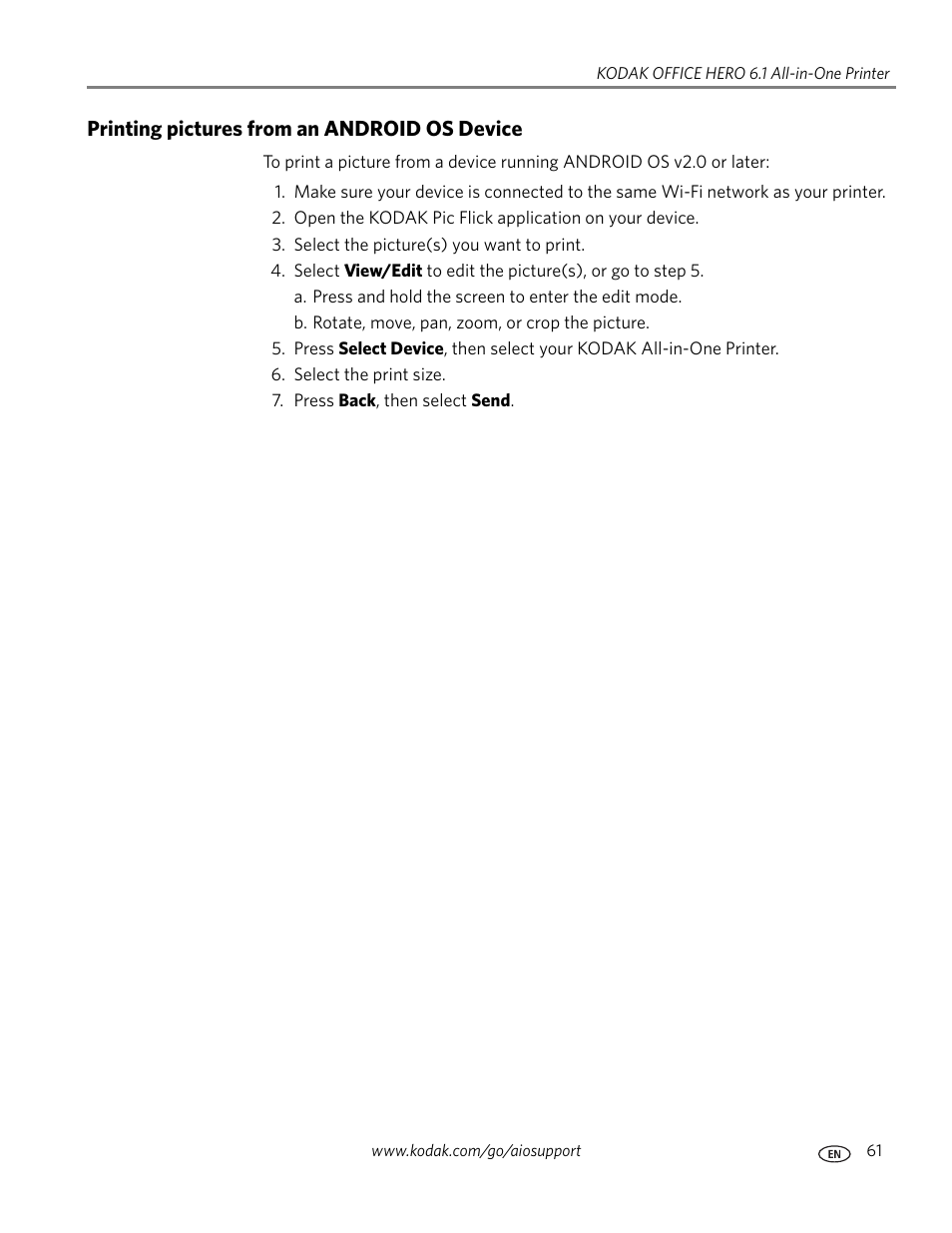 Printing pictures from an android os device | Kodak OFFICE HERO 6.1 User Manual | Page 67 / 144