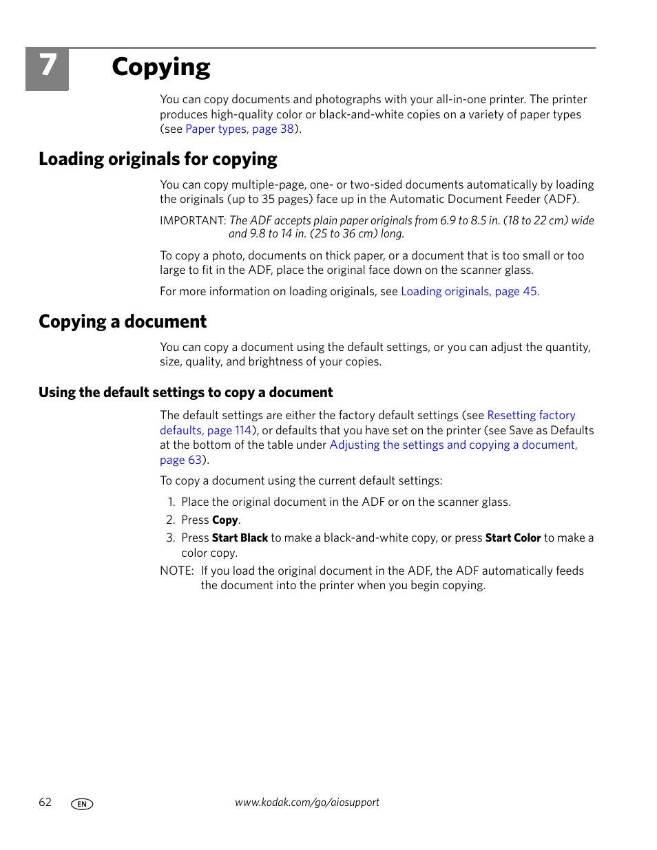 Copying, Loading originals for copying, Copying a document | Using the default settings to copy a document, 7 copying, Loading originals for copying copying a document | Kodak OFFICE HERO 6.1 User Manual | Page 68 / 144