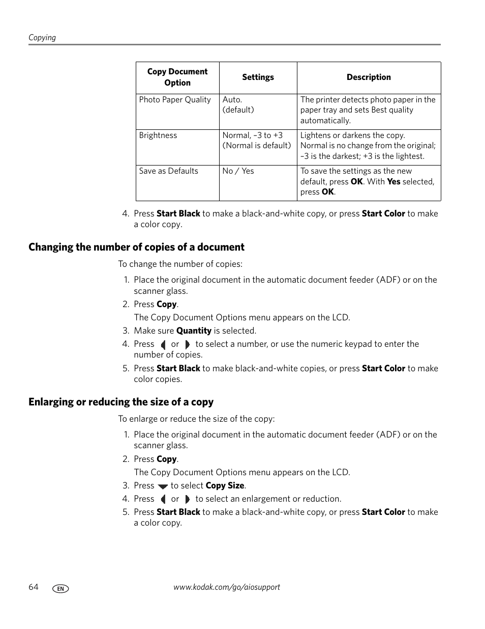 Changing the number of copies of a document, Enlarging or reducing the size of a copy | Kodak OFFICE HERO 6.1 User Manual | Page 70 / 144