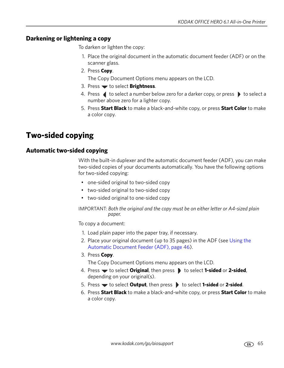 Darkening or lightening a copy, Two-sided copying, Automatic two-sided copying | Kodak OFFICE HERO 6.1 User Manual | Page 71 / 144