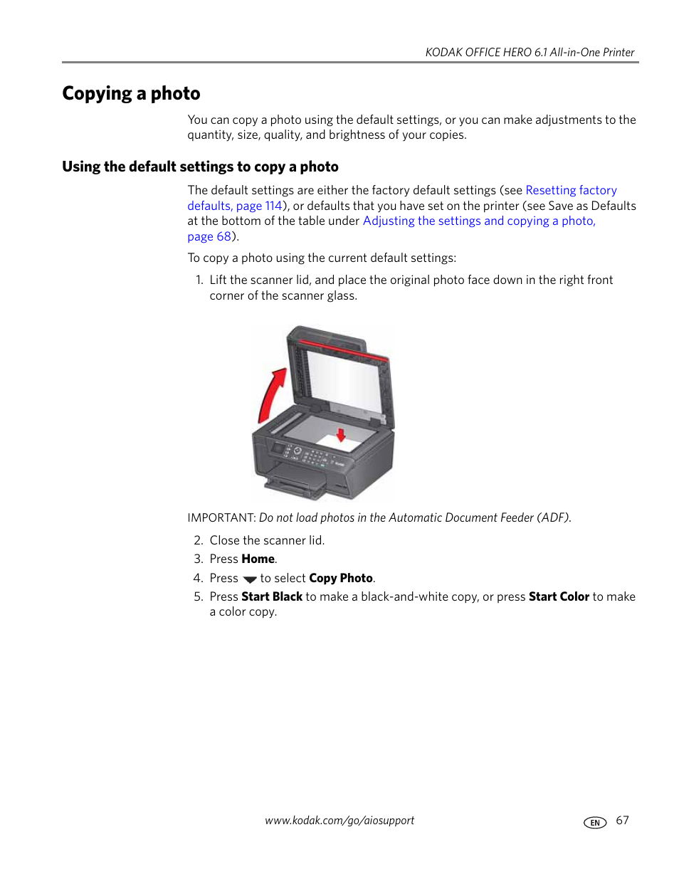 Copying a photo, Using the default settings to copy a photo | Kodak OFFICE HERO 6.1 User Manual | Page 73 / 144