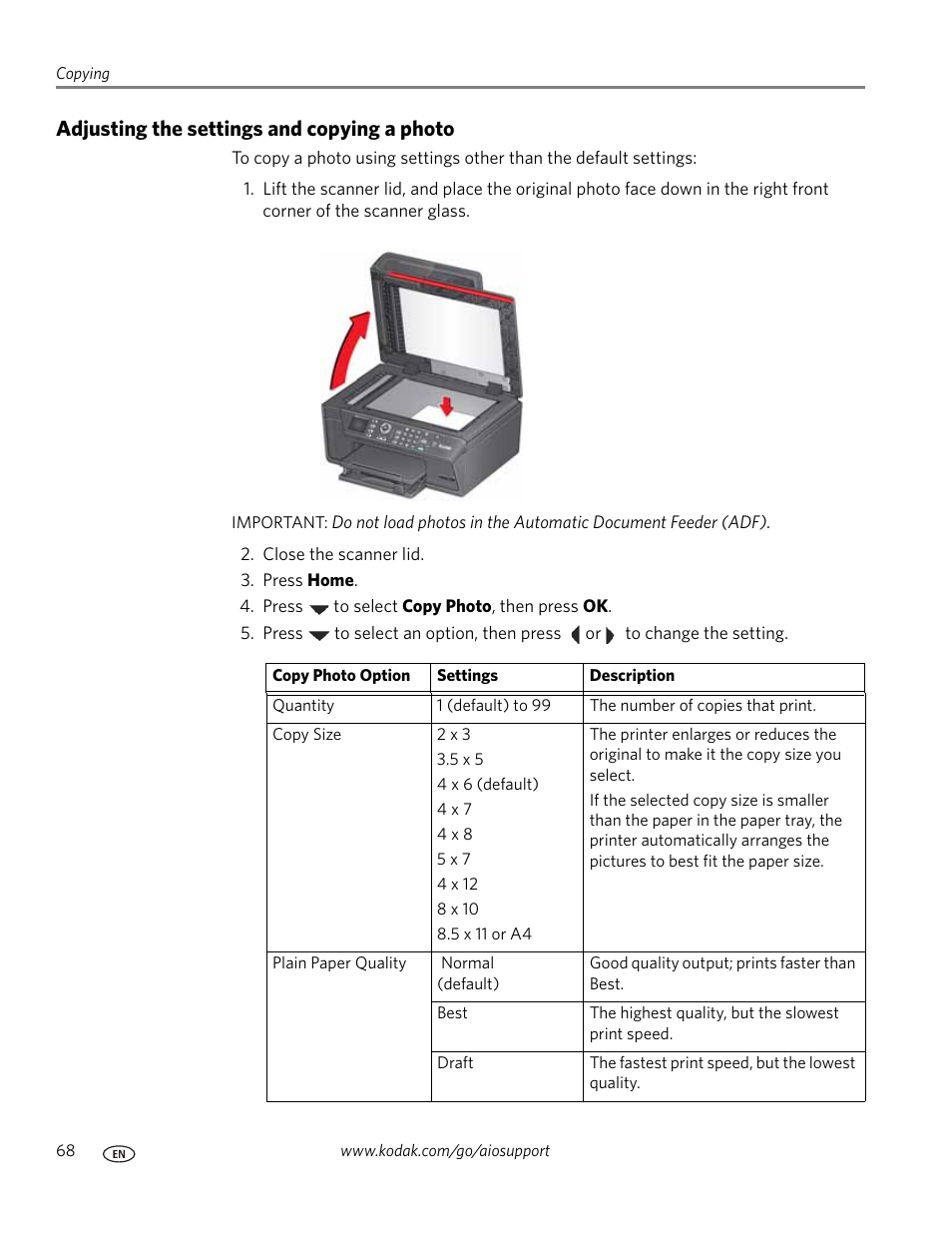 Adjusting the settings and copying a photo | Kodak OFFICE HERO 6.1 User Manual | Page 74 / 144