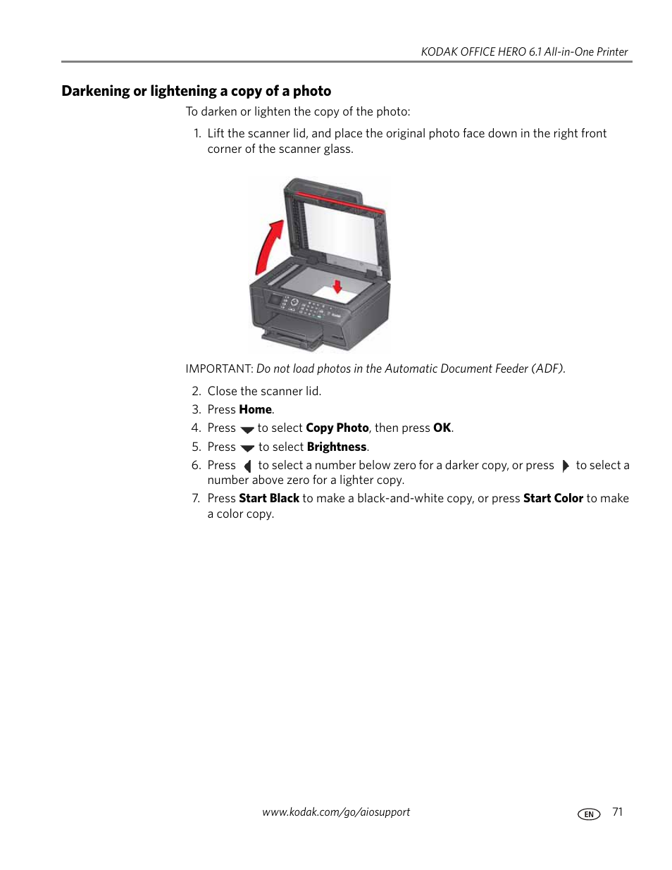 Darkening or lightening a copy of a photo | Kodak OFFICE HERO 6.1 User Manual | Page 77 / 144