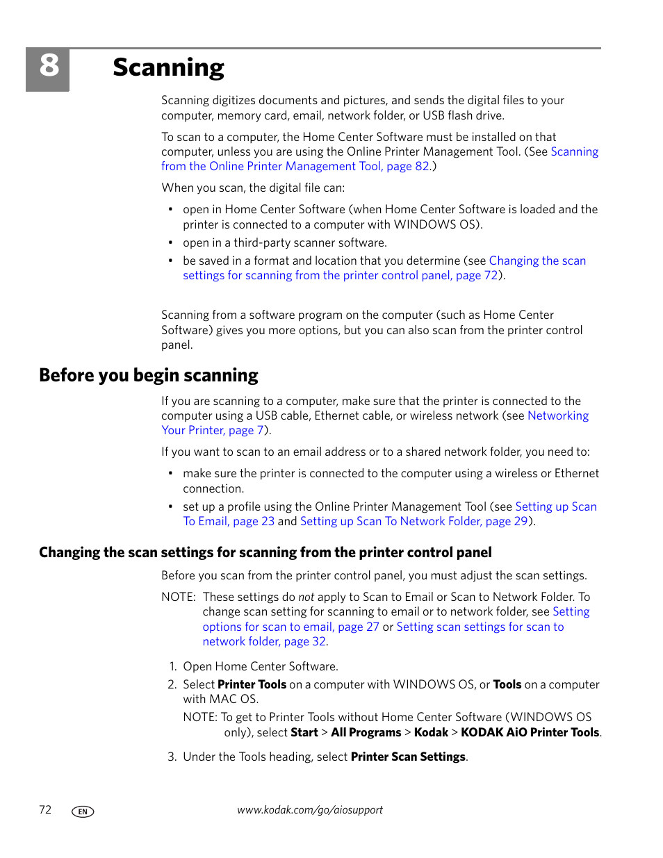 Scanning, Before you begin scanning, 8 scanning | Kodak OFFICE HERO 6.1 User Manual | Page 78 / 144