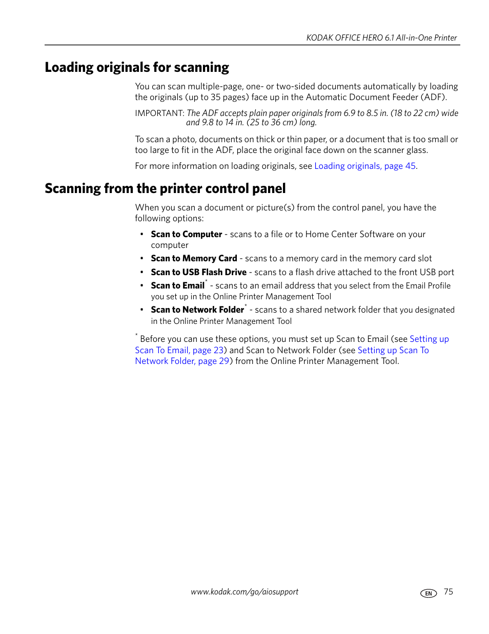 Loading originals for scanning, Scanning from the printer control panel | Kodak OFFICE HERO 6.1 User Manual | Page 81 / 144