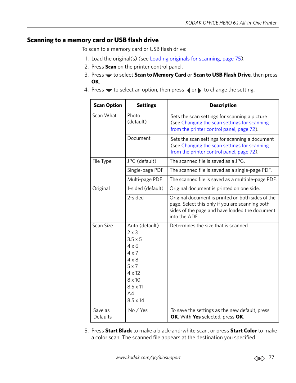 Scanning to a memory card or usb flash drive | Kodak OFFICE HERO 6.1 User Manual | Page 83 / 144