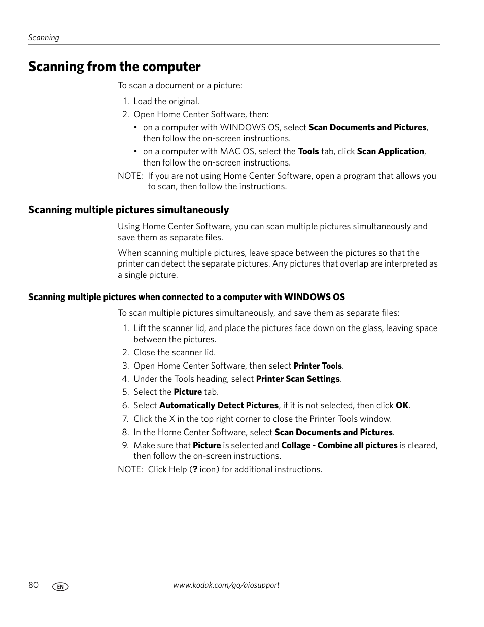 Scanning from the computer, Scanning multiple pictures simultaneously | Kodak OFFICE HERO 6.1 User Manual | Page 86 / 144