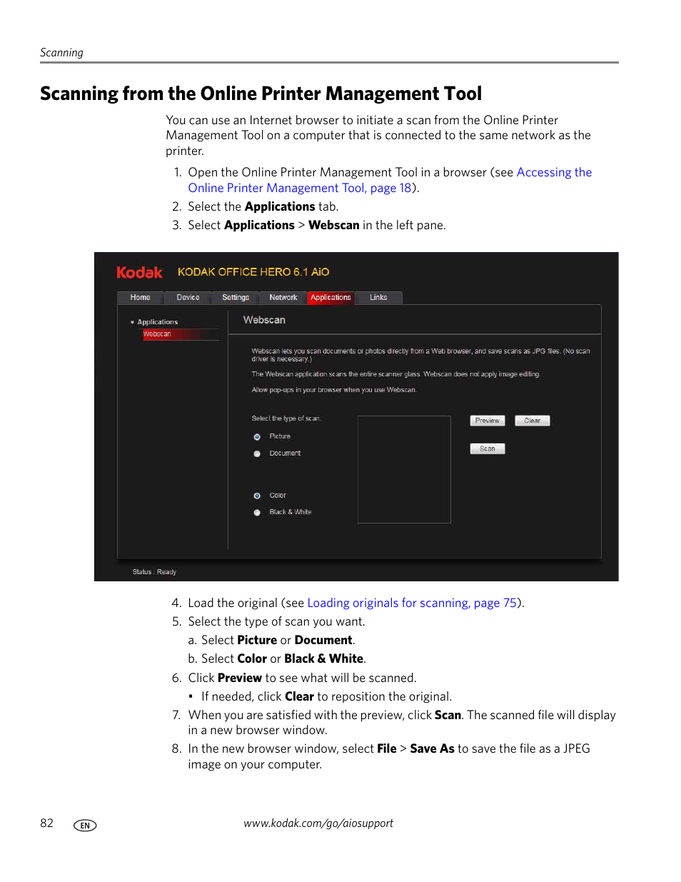 Scanning from the online printer management tool, Scanning | Kodak OFFICE HERO 6.1 User Manual | Page 88 / 144