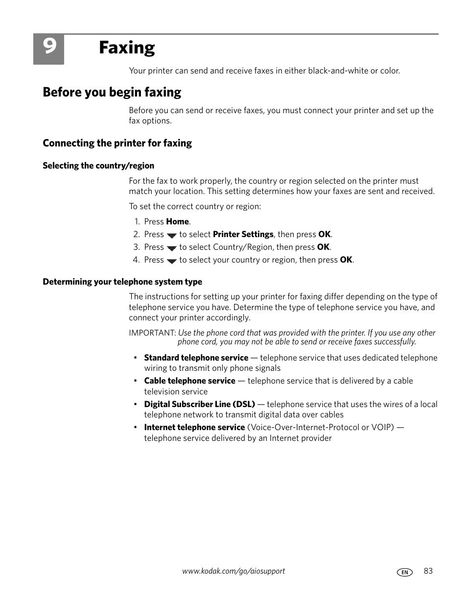 Faxing, Before you begin faxing, Connecting the printer for faxing | Selecting the country/region, Determining your telephone system type, 9 faxing | Kodak OFFICE HERO 6.1 User Manual | Page 89 / 144