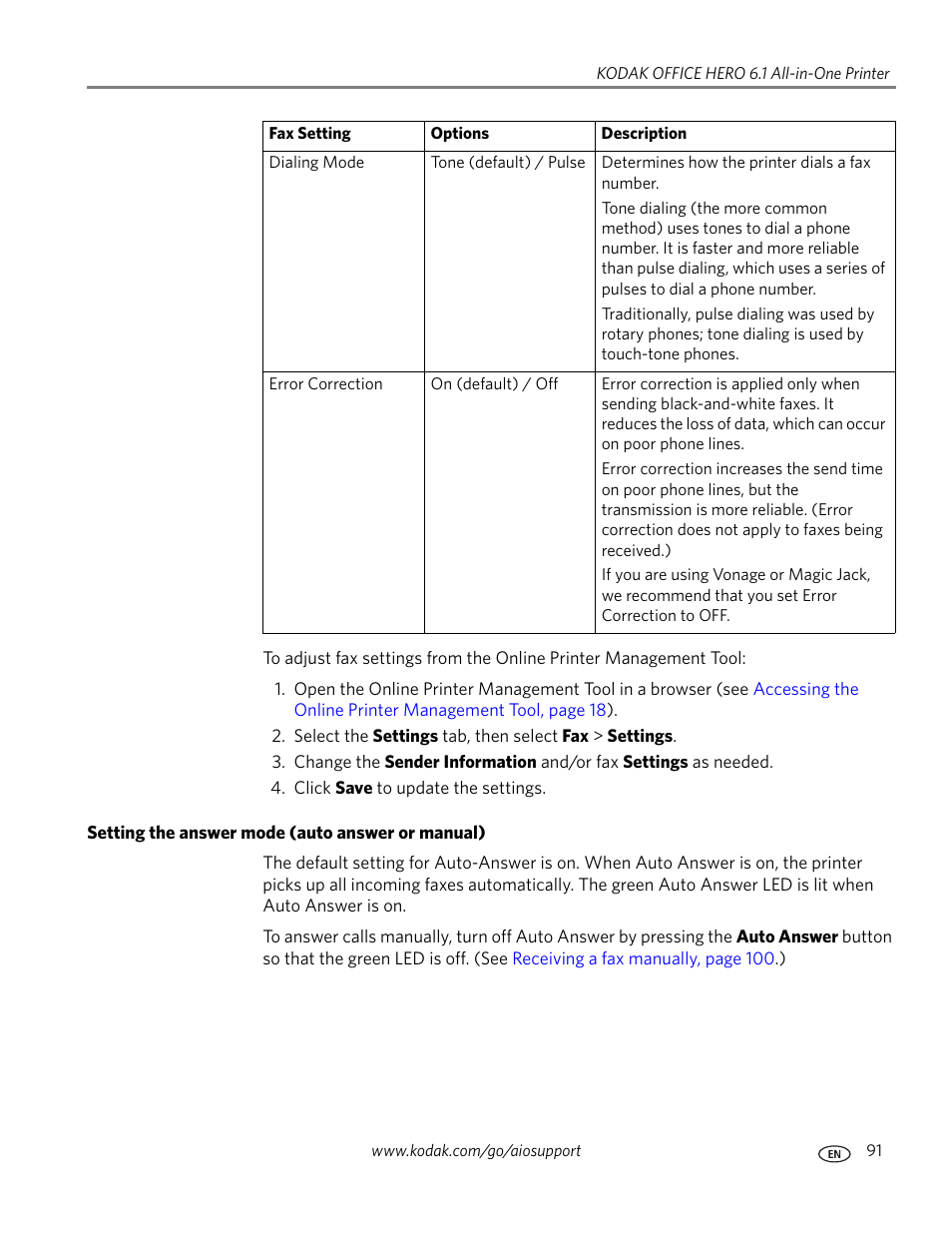 Setting the answer mode (auto answer or manual) | Kodak OFFICE HERO 6.1 User Manual | Page 97 / 144