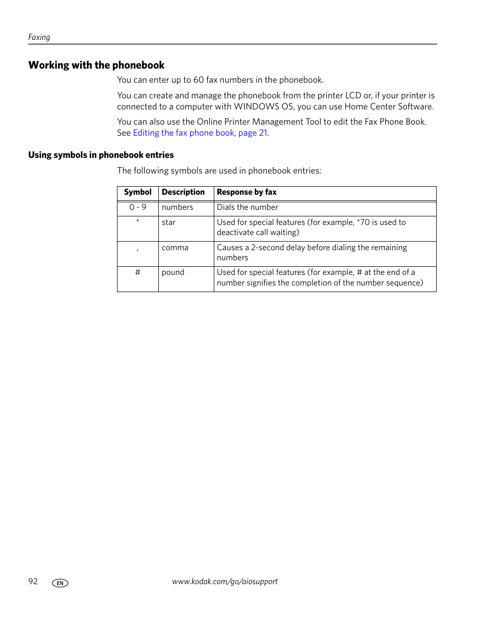 Working with the phonebook, Using symbols in phonebook entries | Kodak OFFICE HERO 6.1 User Manual | Page 98 / 144