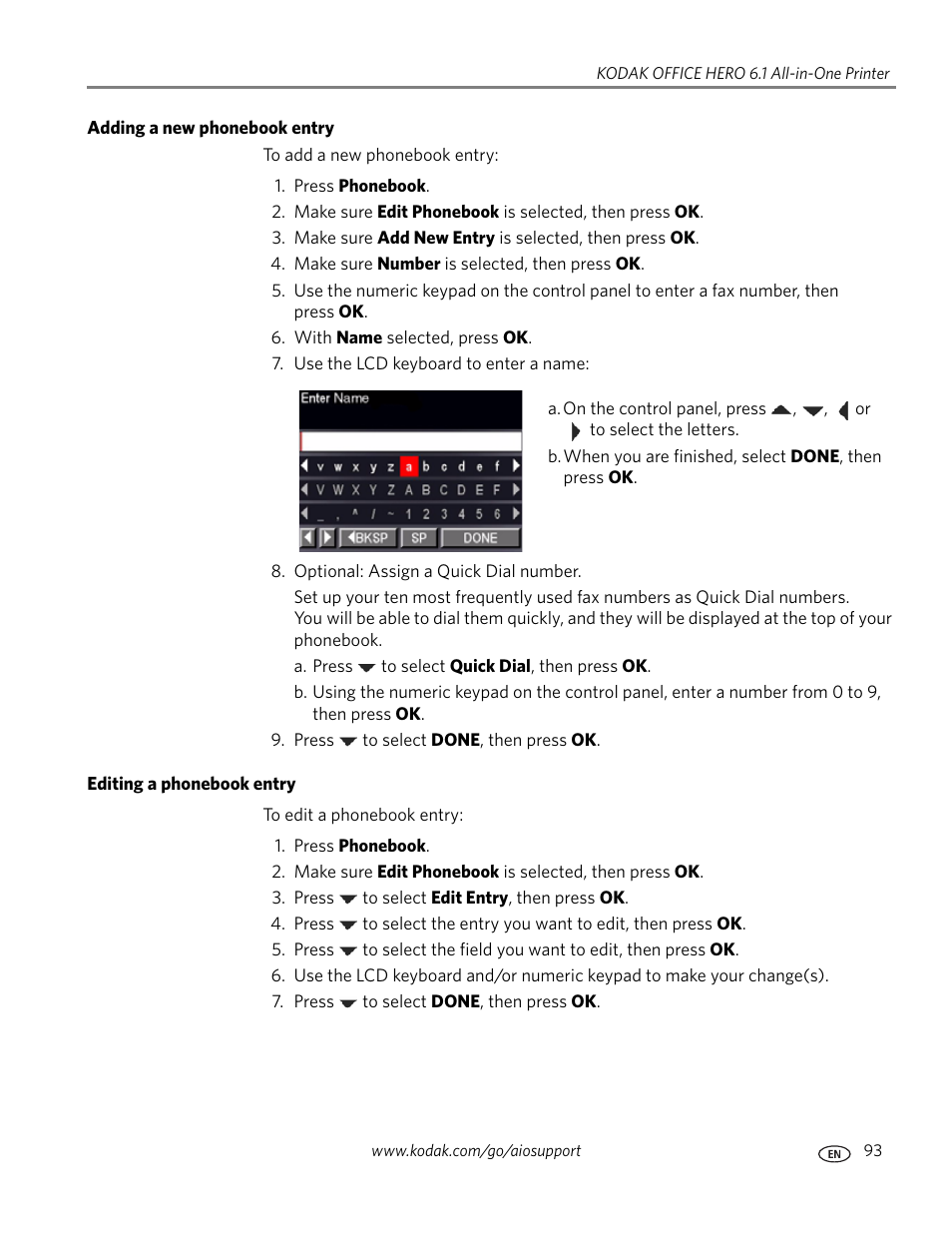 Adding a new phonebook entry, Editing a phonebook entry | Kodak OFFICE HERO 6.1 User Manual | Page 99 / 144