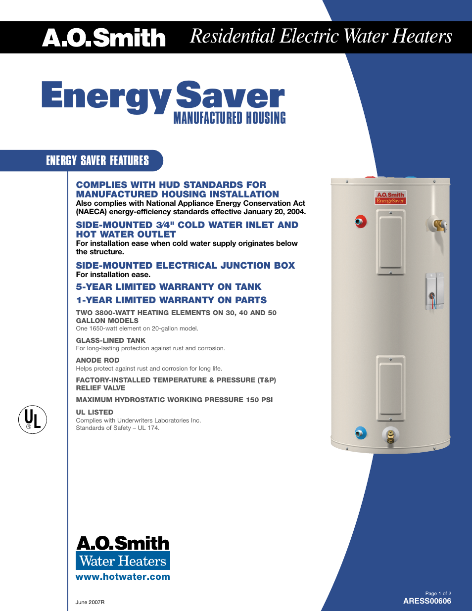 A.O. Smith ARESS00606 User Manual | 2 pages