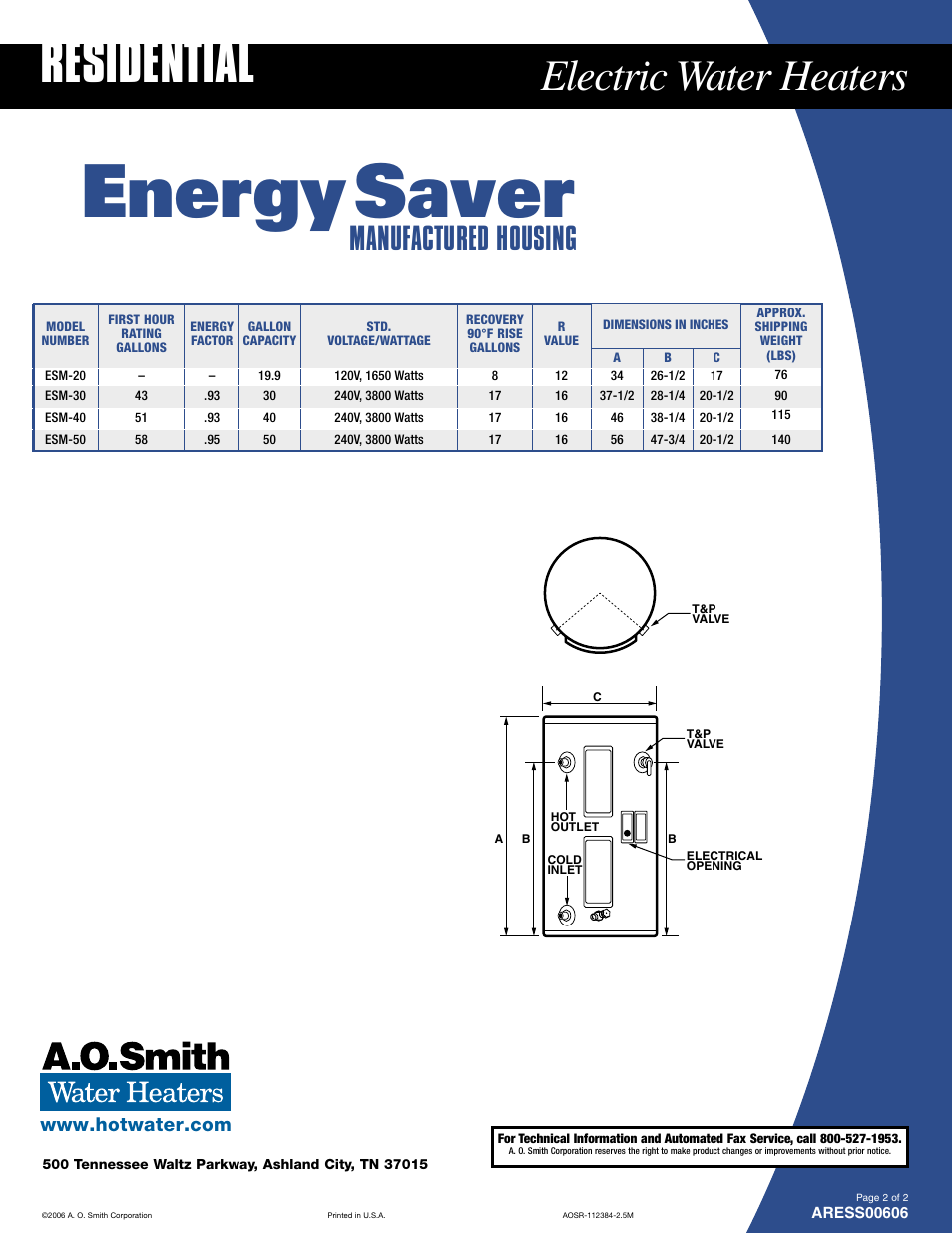 Energy saver, Residential, Electric water heaters | Manufactured housing | A.O. Smith ARESS00606 User Manual | Page 2 / 2