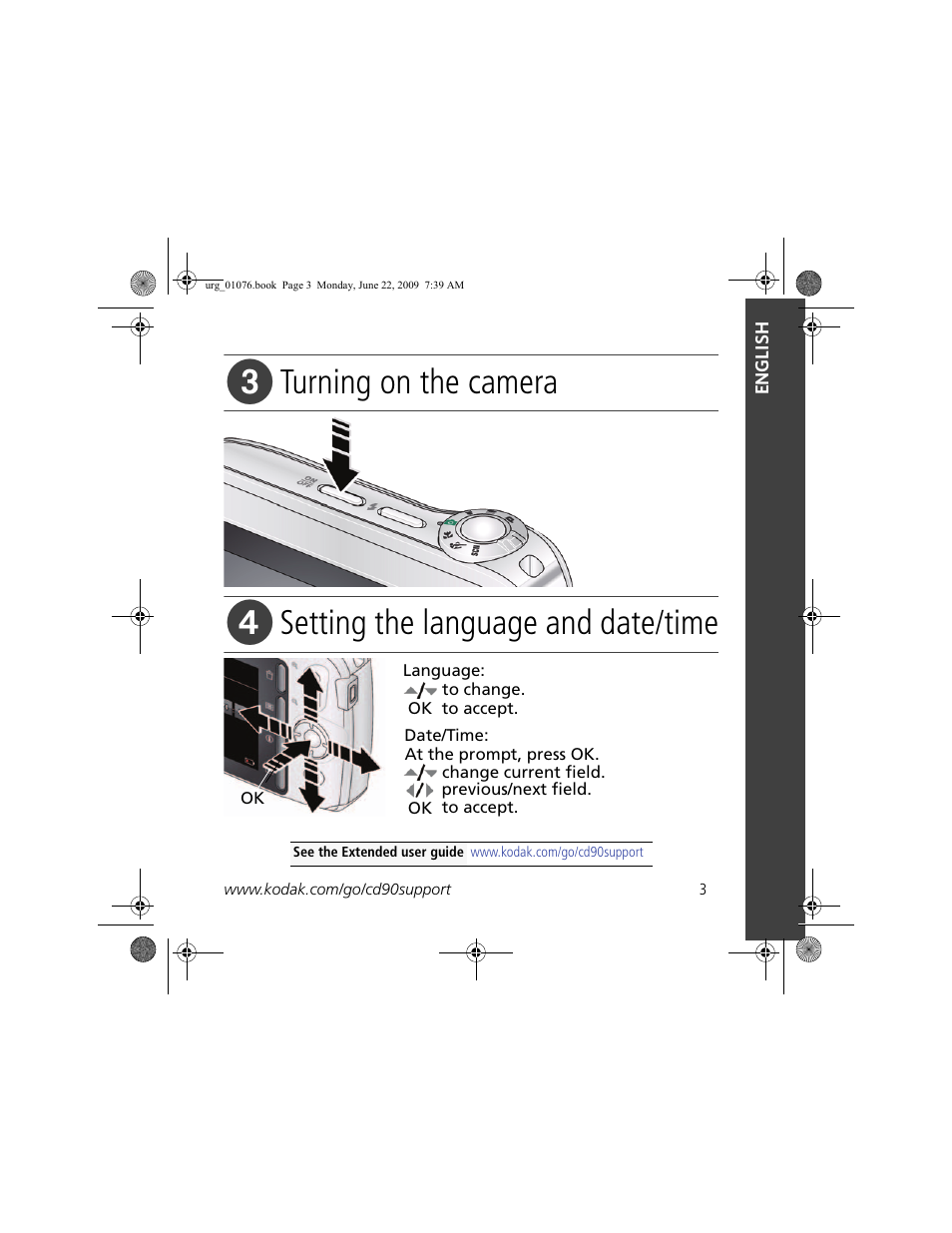 Turning on the camera, Setting the language and date/time | Kodak CD90 User Manual | Page 3 / 18