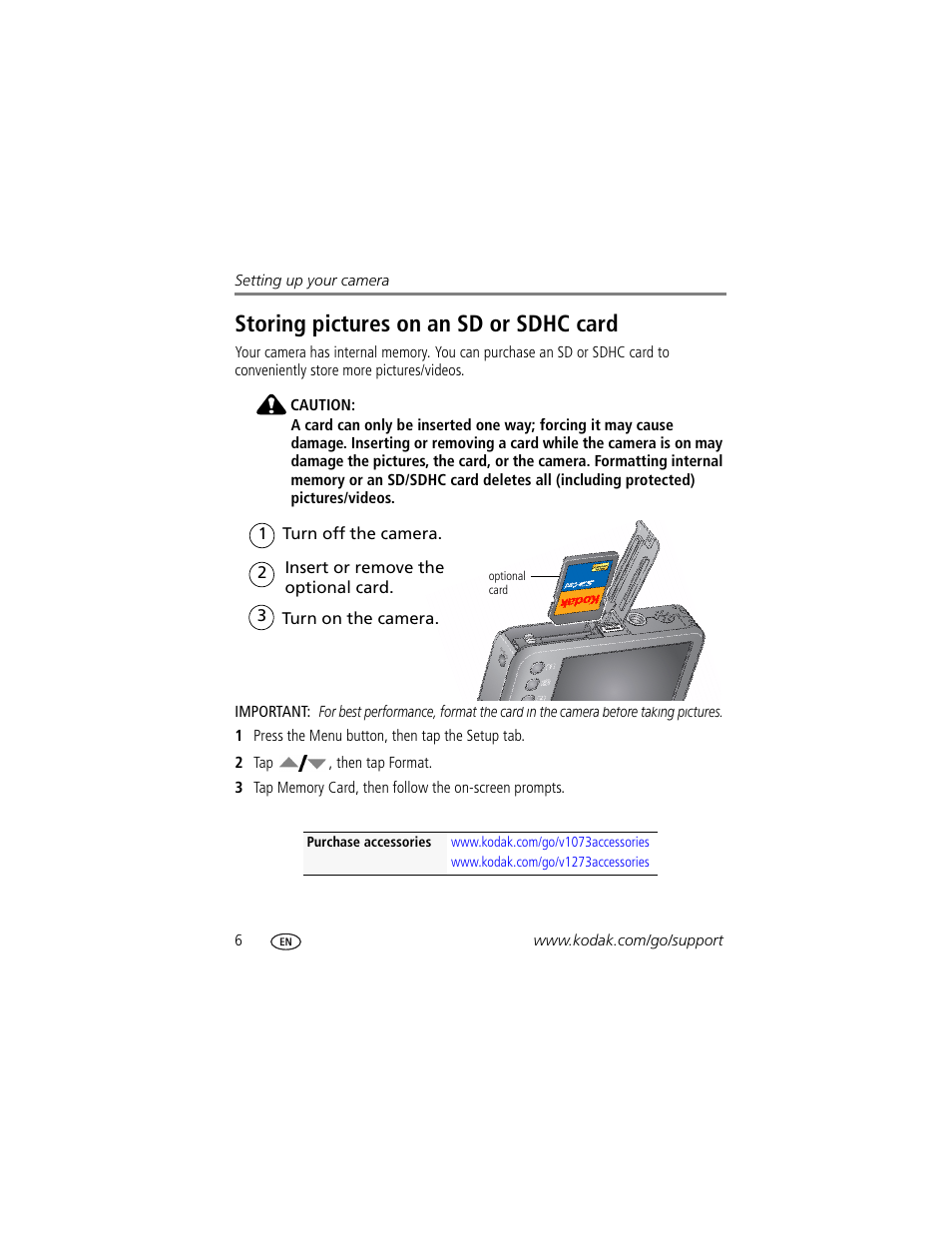 Storing pictures on an sd or sdhc card | Kodak V1073 User Manual | Page 12 / 78