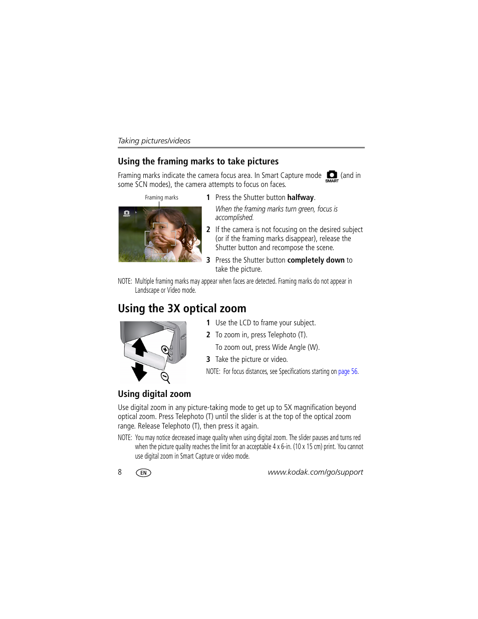 Using the 3x optical zoom, Using digital zoom | Kodak V1073 User Manual | Page 14 / 78