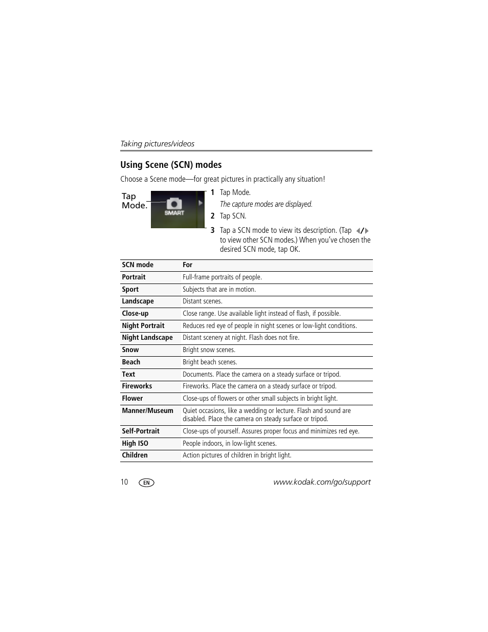 Using scene (scn) modes | Kodak V1073 User Manual | Page 16 / 78