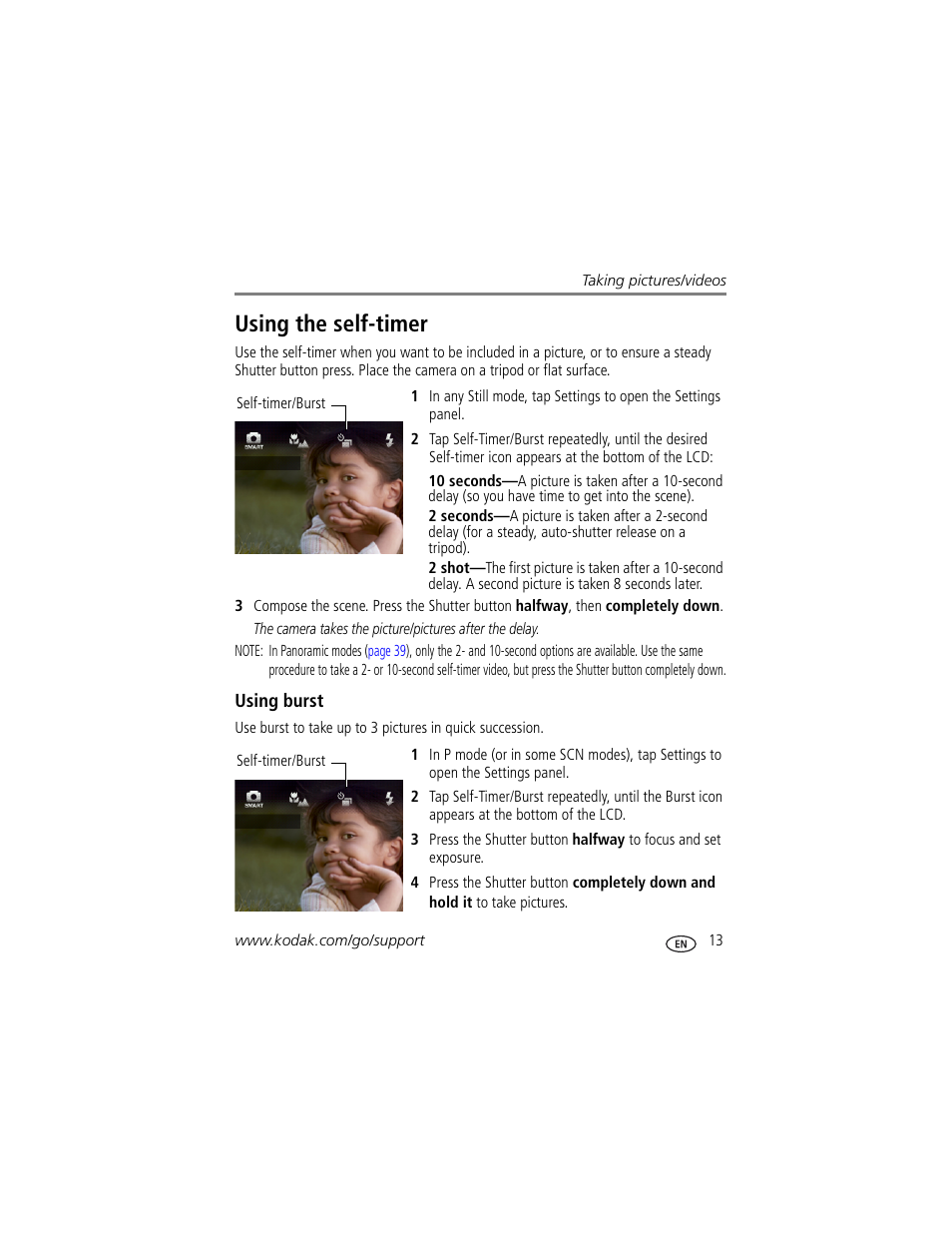 Using burst, Using the self-timer | Kodak V1073 User Manual | Page 19 / 78