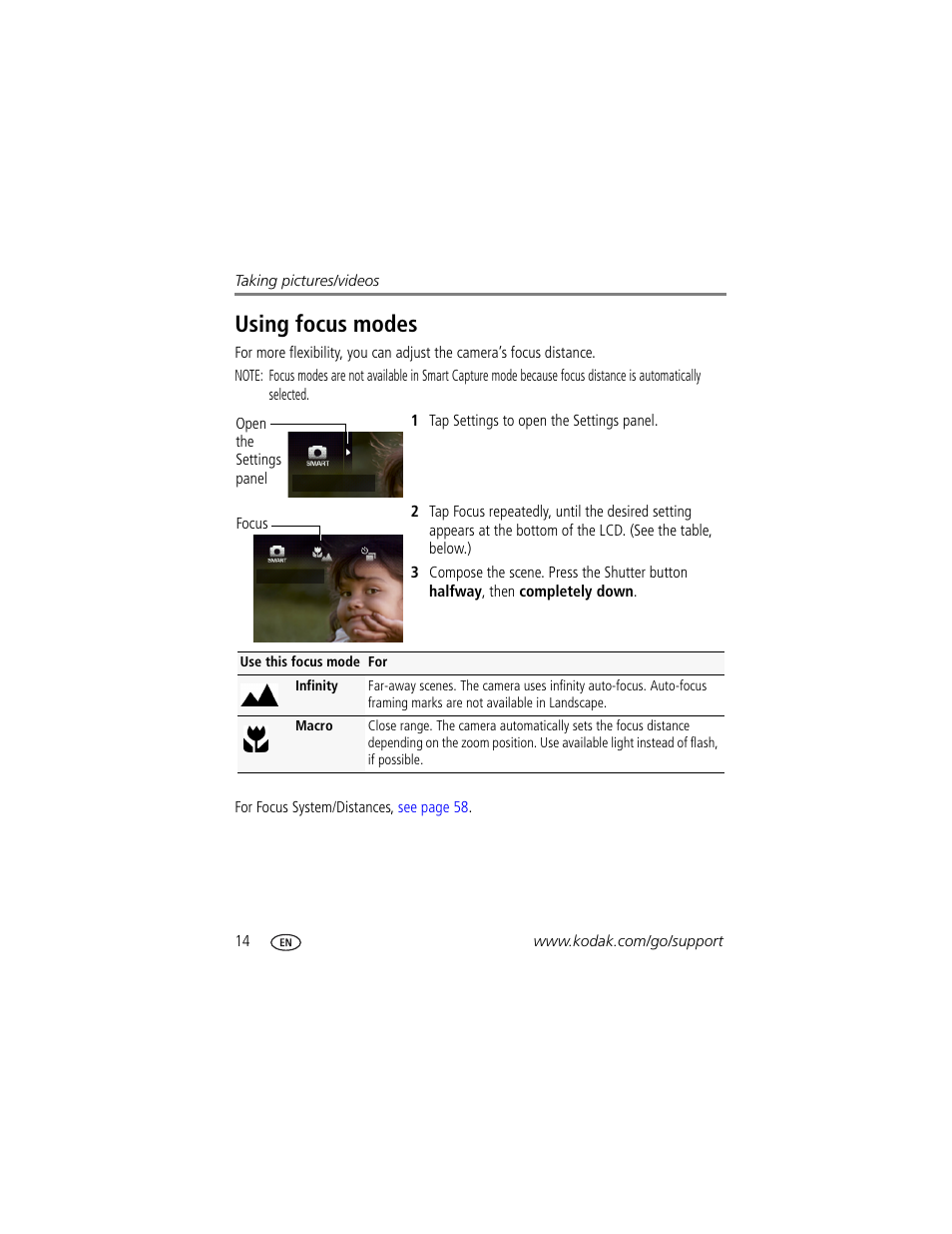 Using focus modes | Kodak V1073 User Manual | Page 20 / 78