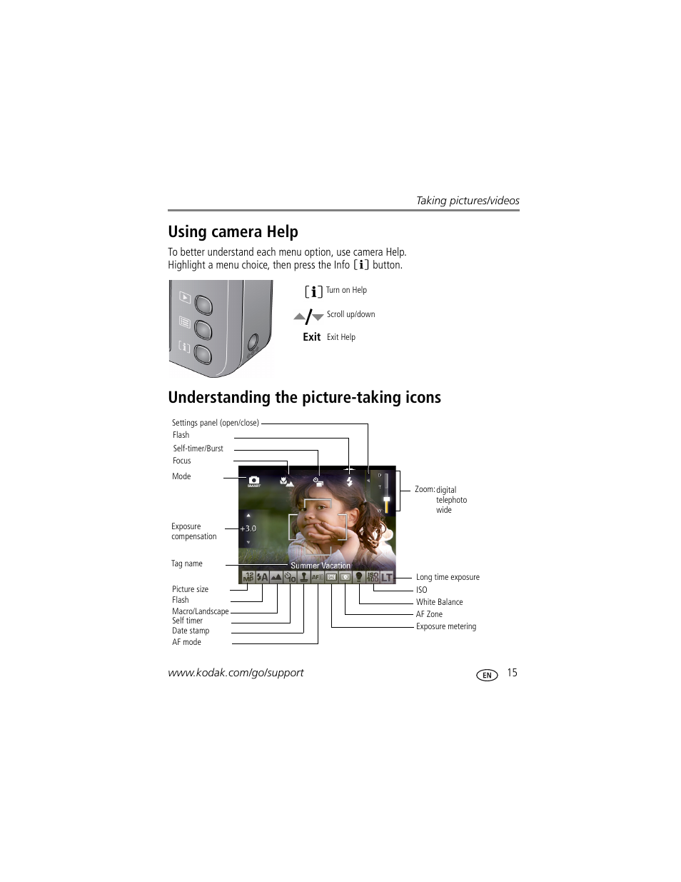 Understanding the picture-taking icons, Using camera help | Kodak V1073 User Manual | Page 21 / 78