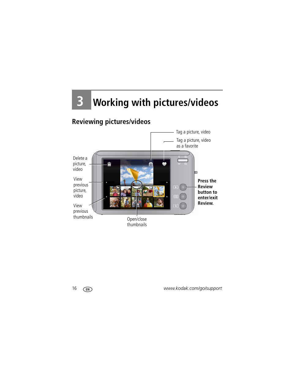 Working with pictures/videos, Reviewing pictures/videos, 3 working with pictures/videos | Kodak V1073 User Manual | Page 22 / 78