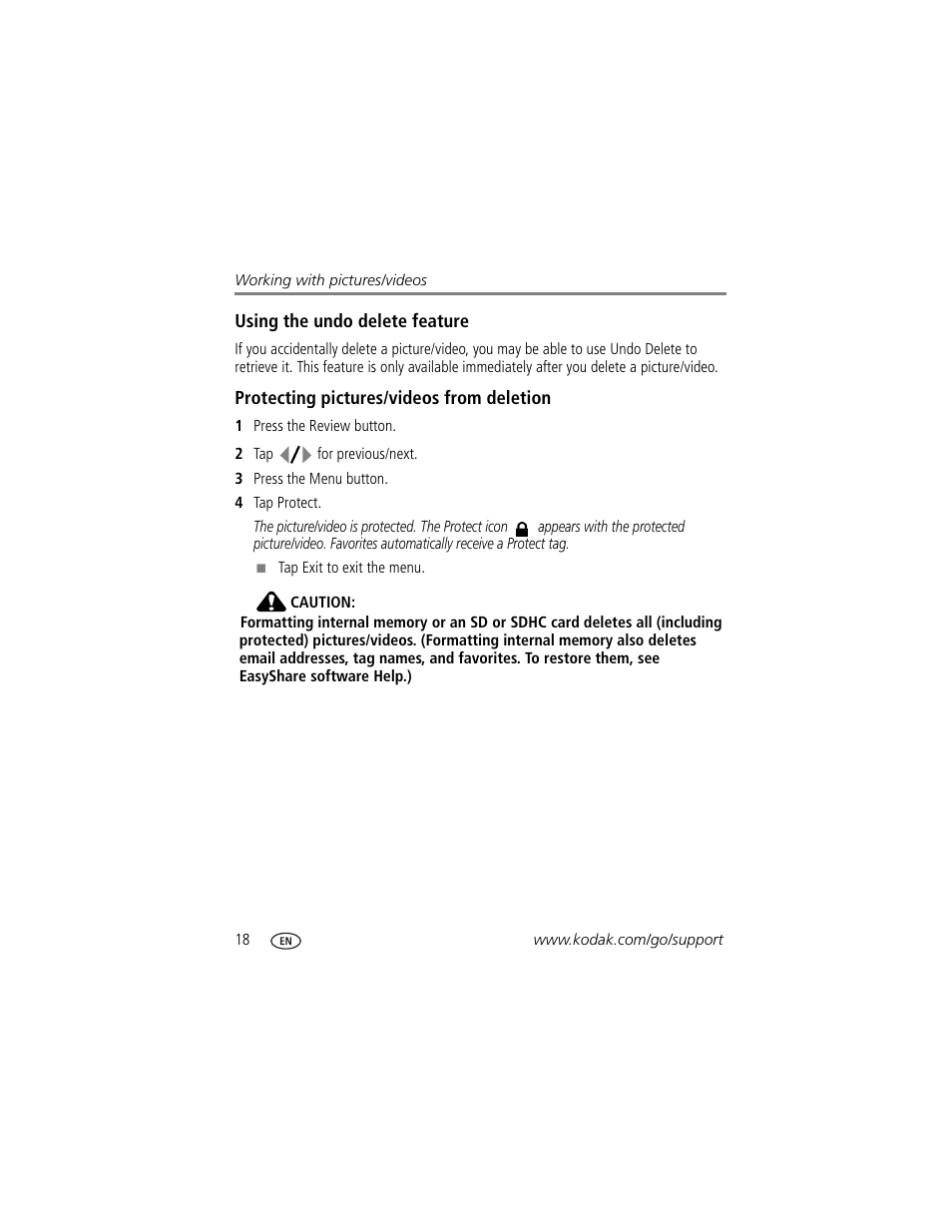 Using the undo delete feature, Protecting pictures/videos from deletion, Ng. (see | Protecting, Pictures/videos from deletion | Kodak V1073 User Manual | Page 24 / 78