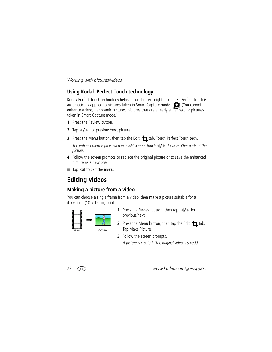 Editing videos, Making a picture from a video | Kodak V1073 User Manual | Page 28 / 78