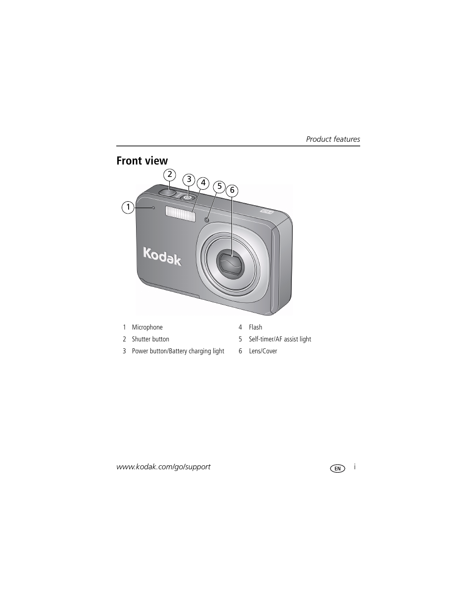 Product features, Front view | Kodak V1073 User Manual | Page 3 / 78