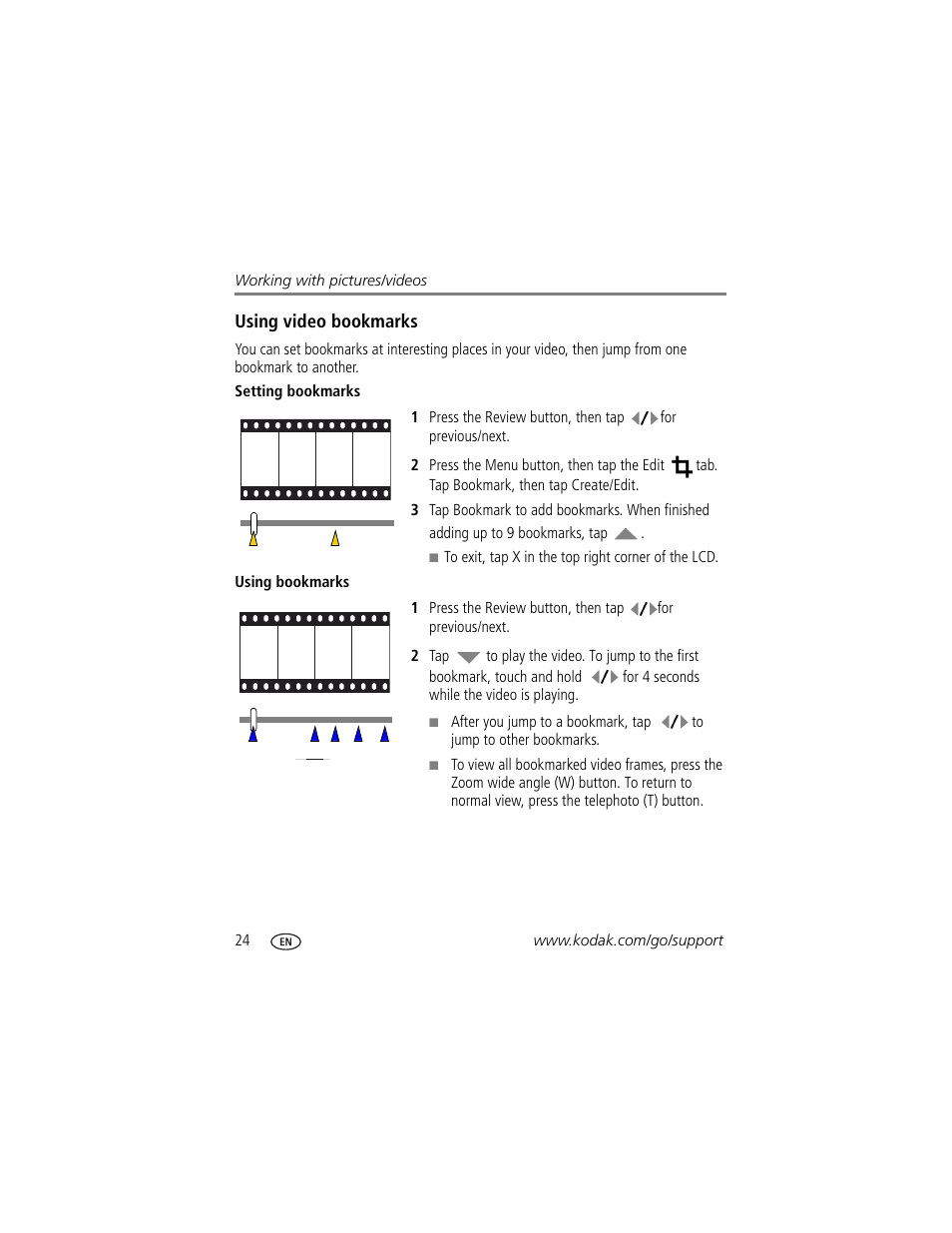 Setting bookmarks, Using bookmarks, Bookmark (see | Kodak V1073 User Manual | Page 30 / 78
