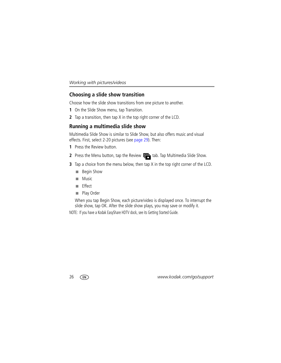 Running a multimedia slide show | Kodak V1073 User Manual | Page 32 / 78