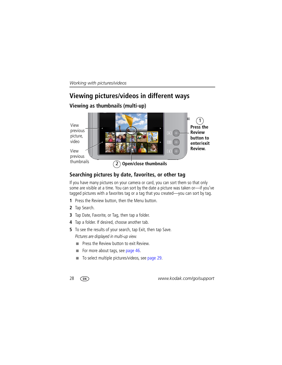 Viewing as thumbnails (multi-up), Viewing pictures/videos in different ways | Kodak V1073 User Manual | Page 34 / 78