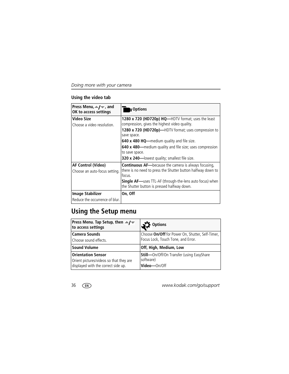 Using the setup menu | Kodak V1073 User Manual | Page 42 / 78