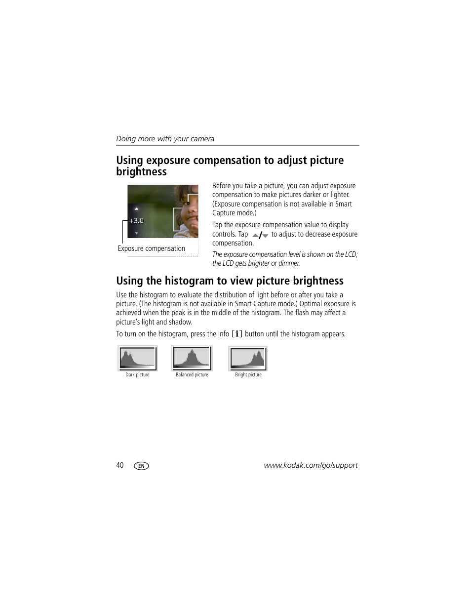 Using the histogram to view picture brightness | Kodak V1073 User Manual | Page 46 / 78