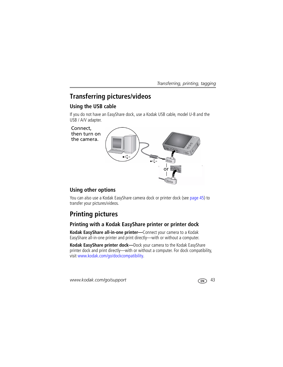 Using the usb cable, Using other options, Printing pictures | Transferring pictures/videos printing pictures, Transferring pictures/videos | Kodak V1073 User Manual | Page 49 / 78