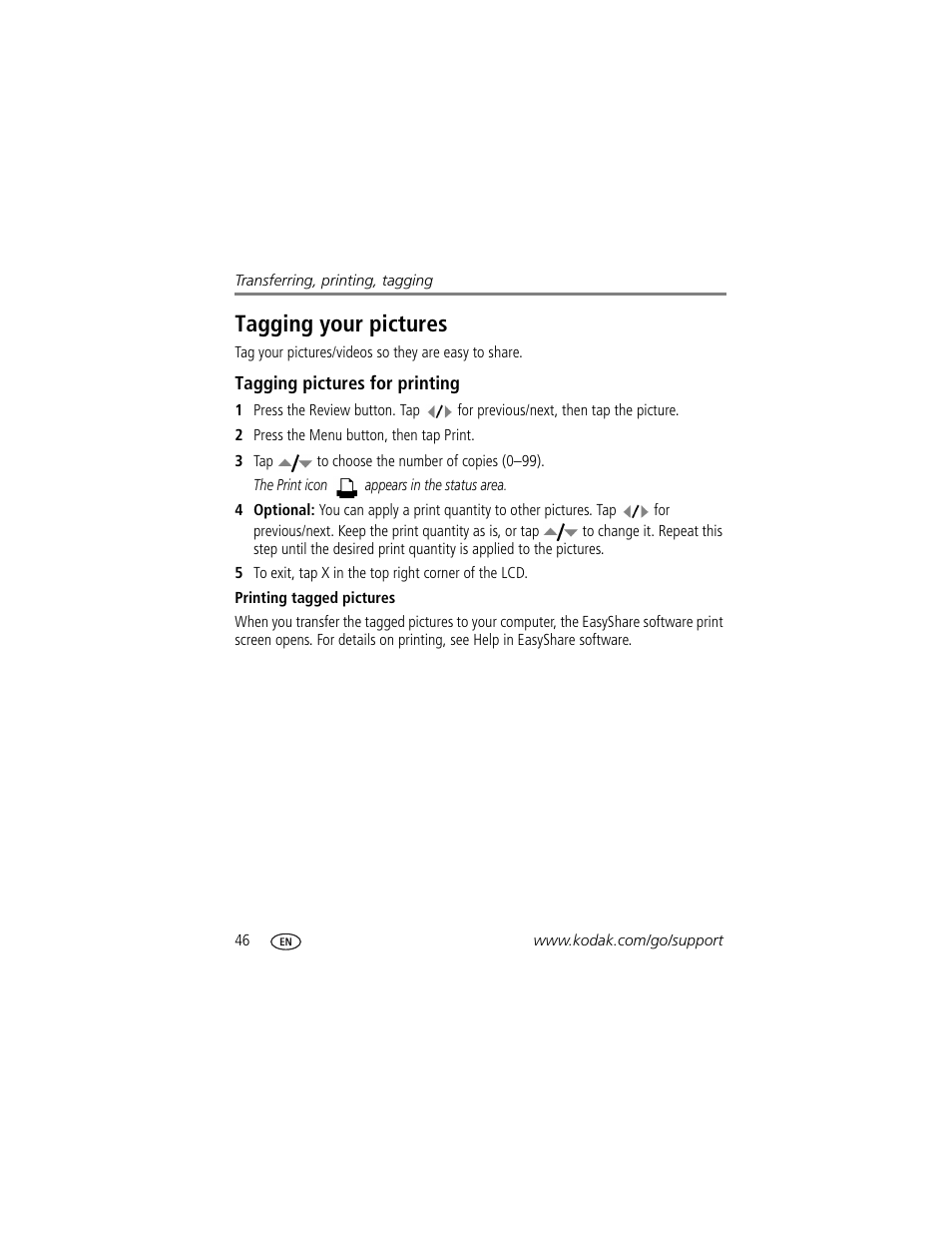 Tagging pictures for printing, Printing tagged pictures, Tagging your pictures | Kodak V1073 User Manual | Page 52 / 78