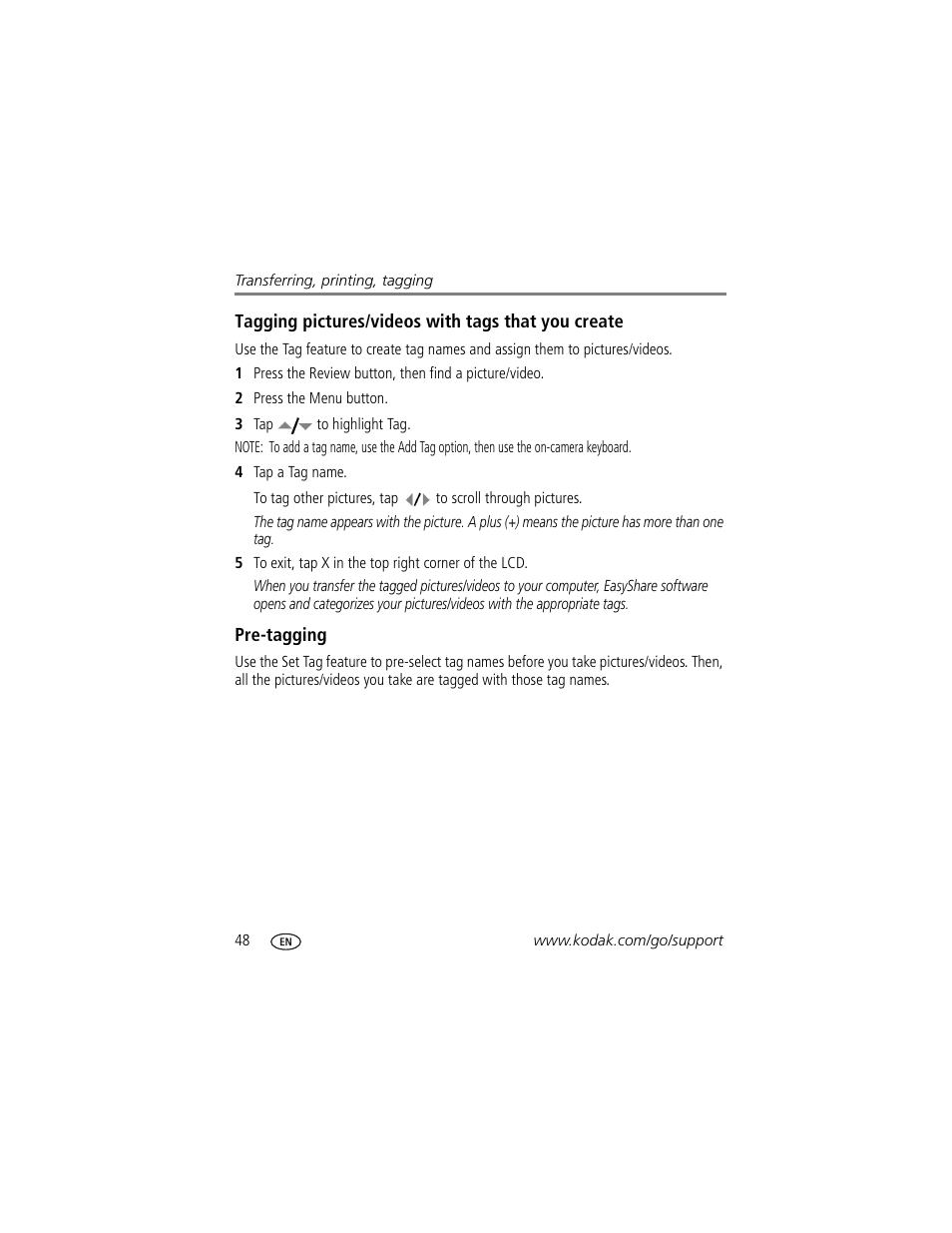 Pre-tagging | Kodak V1073 User Manual | Page 54 / 78