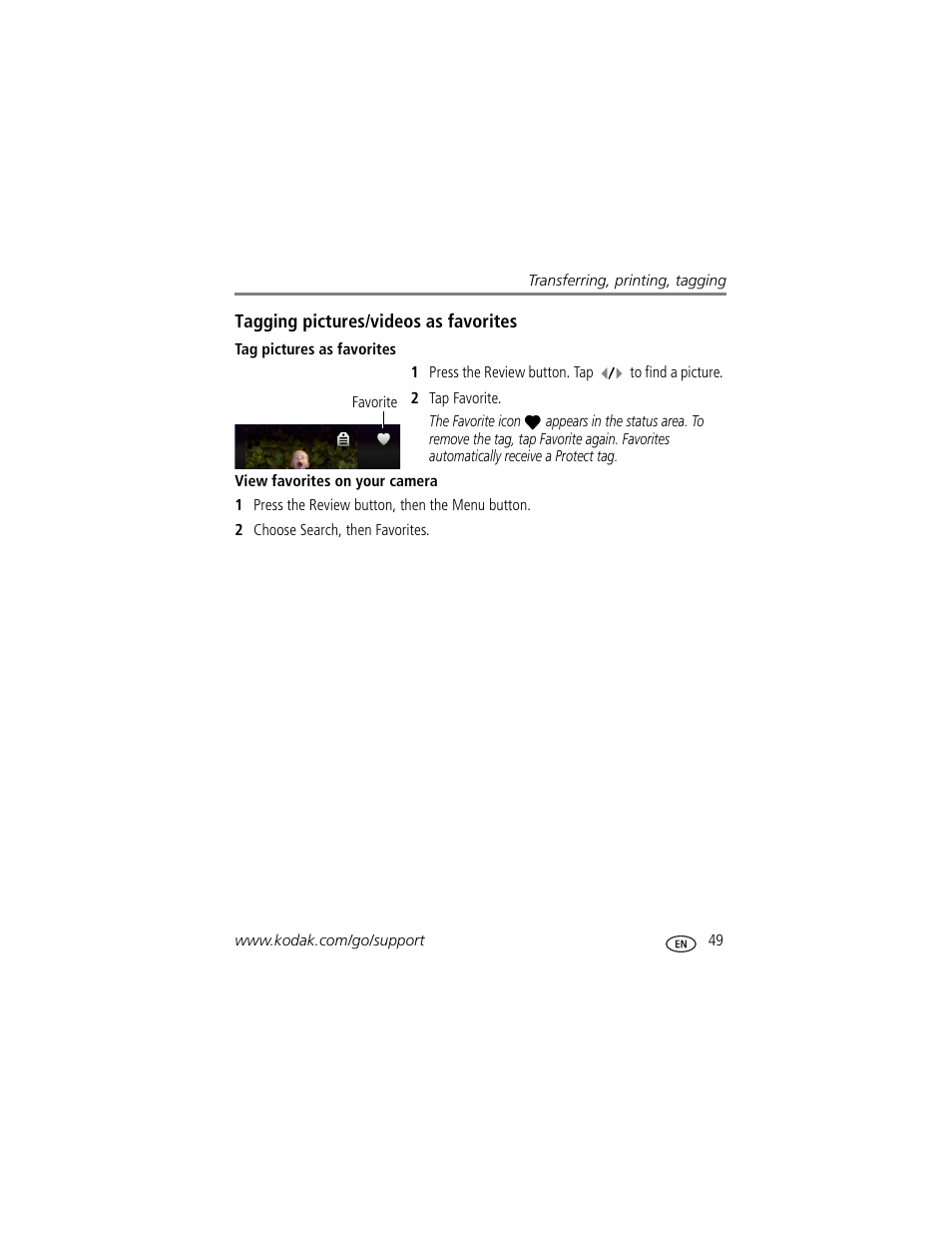 Tag pictures as favorites, View favorites on your camera | Kodak V1073 User Manual | Page 55 / 78
