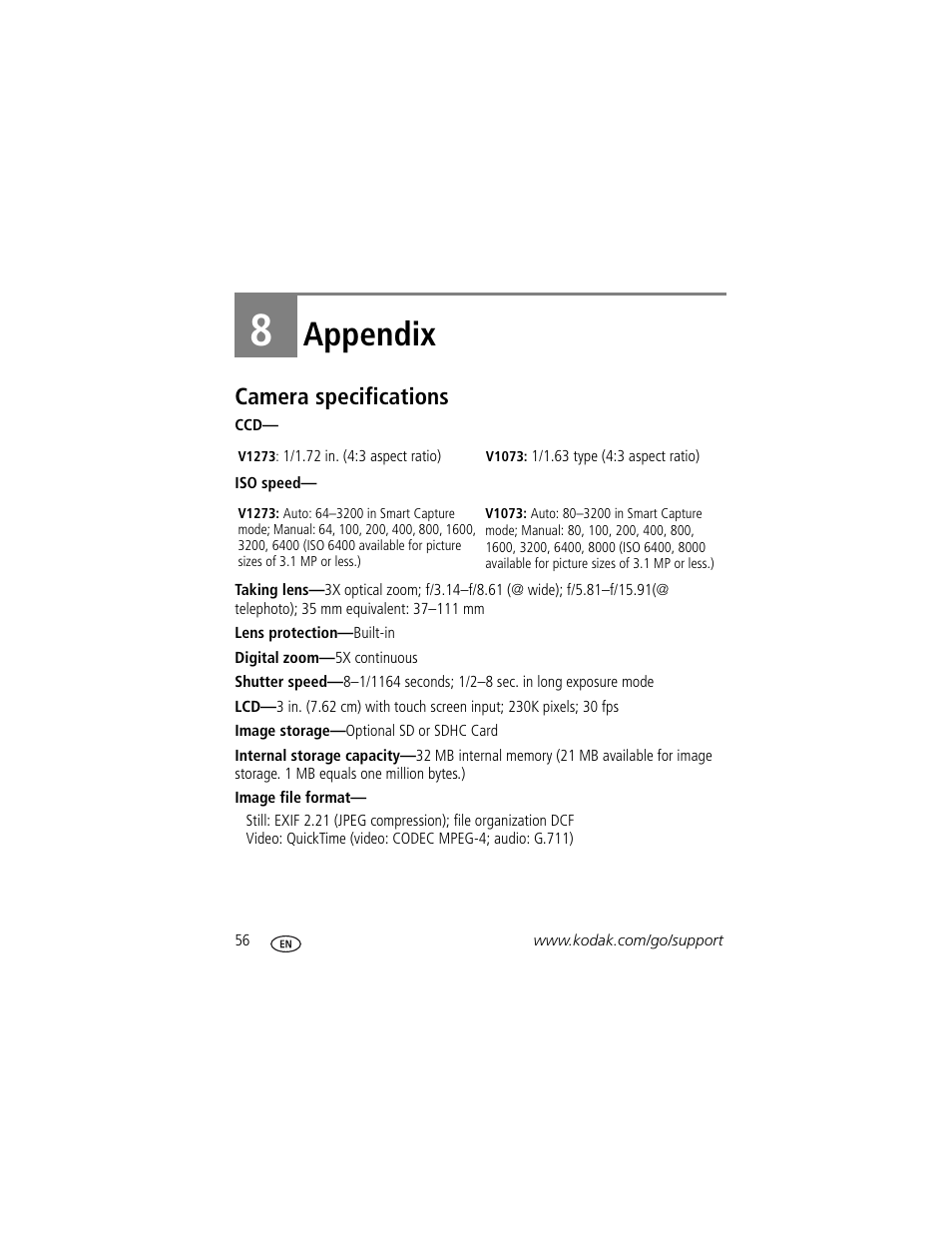 Appendix, Camera specifications, 8 appendix | Kodak V1073 User Manual | Page 62 / 78