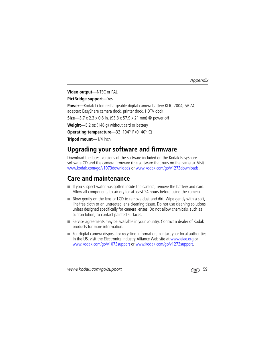 Upgrading your software and firmware, Care and maintenance | Kodak V1073 User Manual | Page 65 / 78