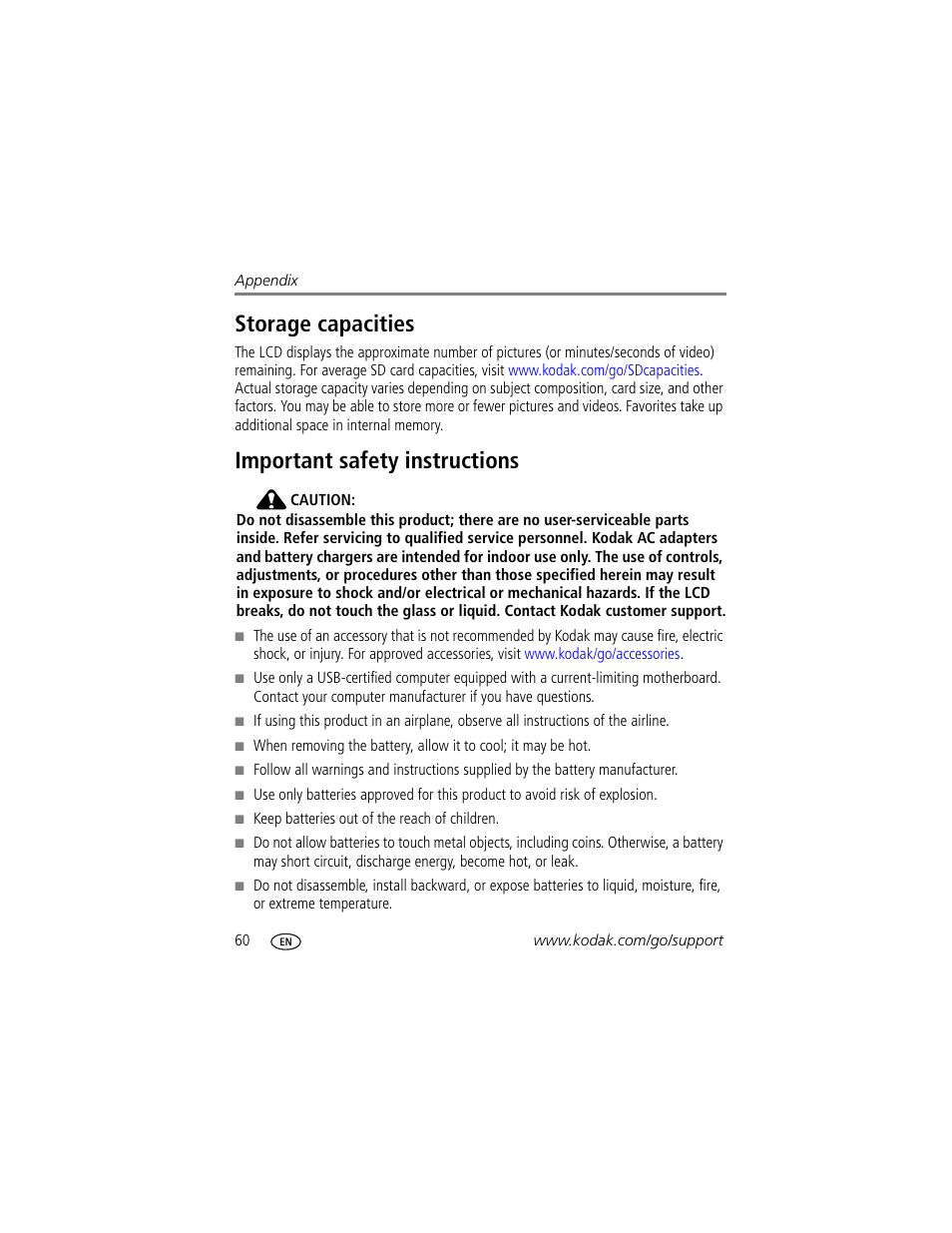 Important safety instructions, Storage capacities important safety instructions, Storage capacities | Kodak V1073 User Manual | Page 66 / 78